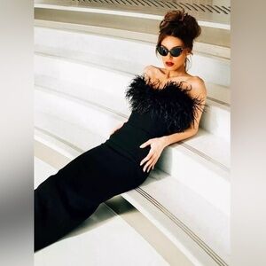 Tiffany Elegant Strapless Feather Formal Gown Cocktail Bandage Long Dress